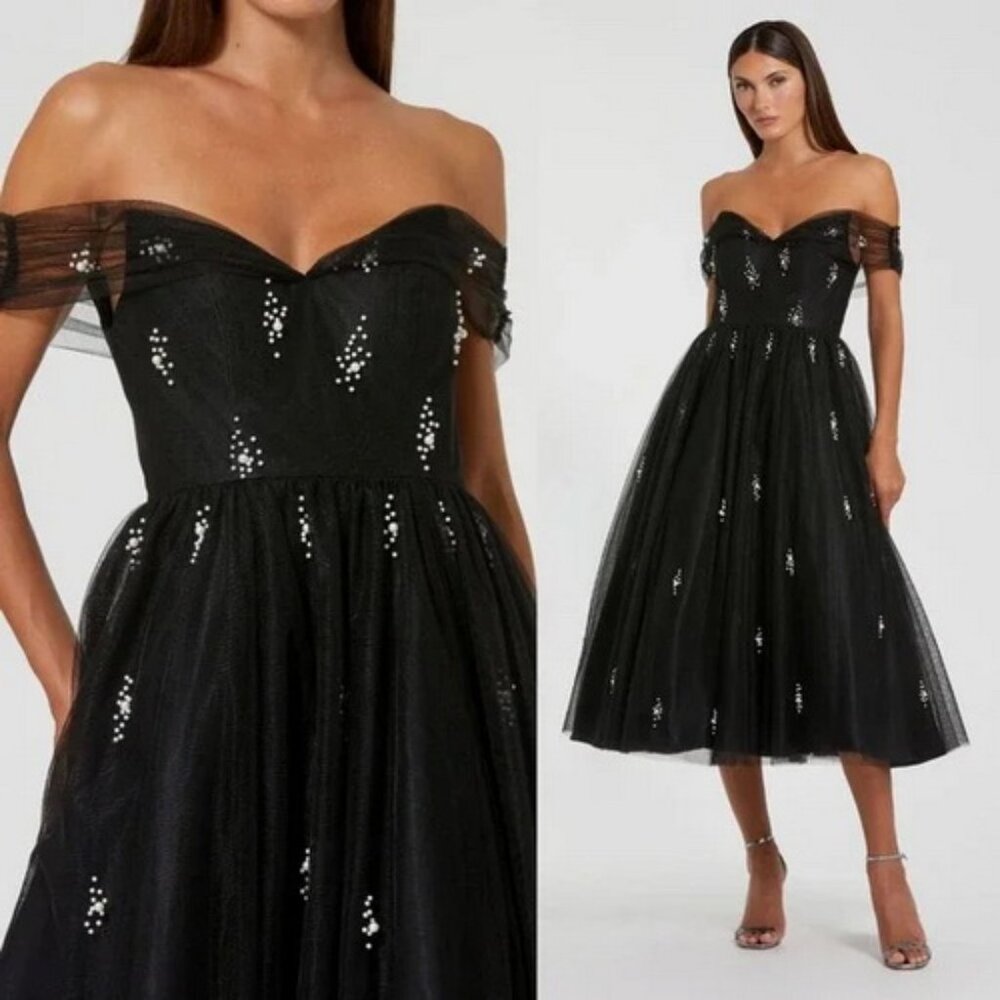 Mac Duggal Black Off The Shoulder Embellished Tulle Cocktail Dress